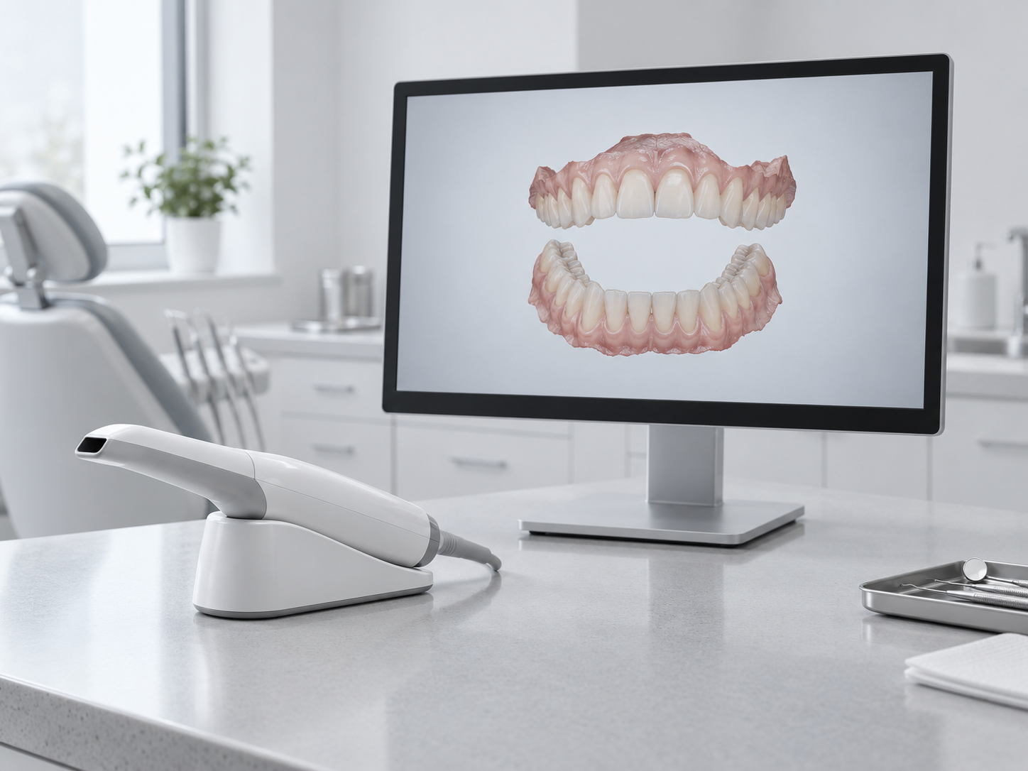 Intraoral scanner beside a digital 3D model of teeth