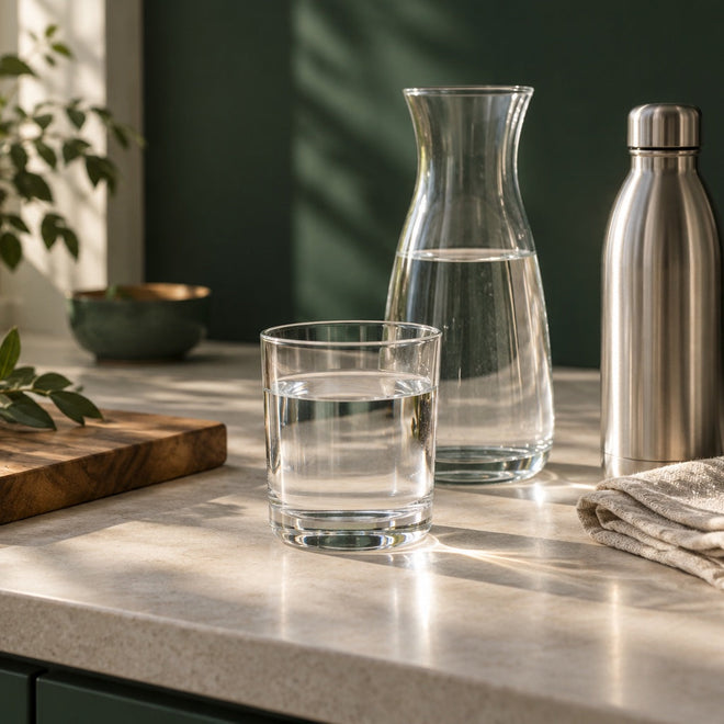 Glass water carafe and drinking glass with a steel bottle, wooden board, and linen cloth on a kitchen counter