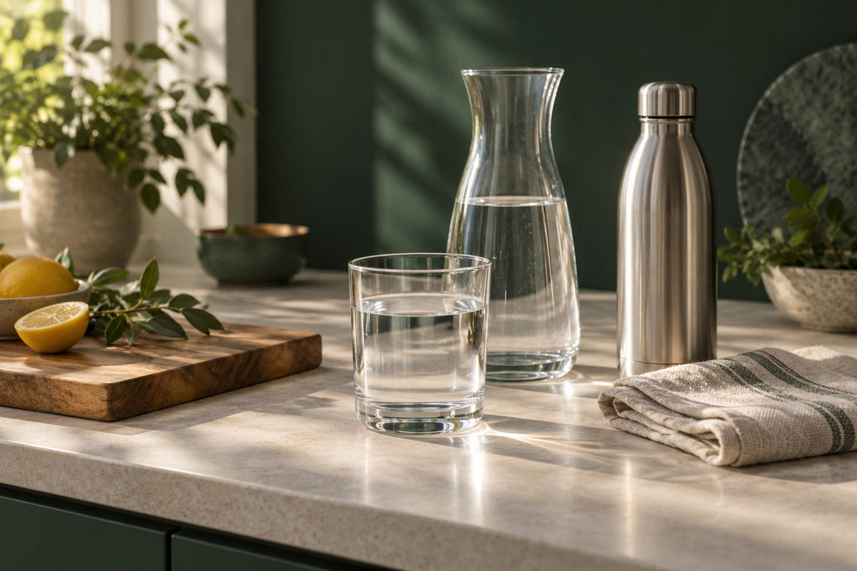 Glass water carafe and drinking glass with a steel bottle, wooden board, and linen cloth on a kitchen counter
