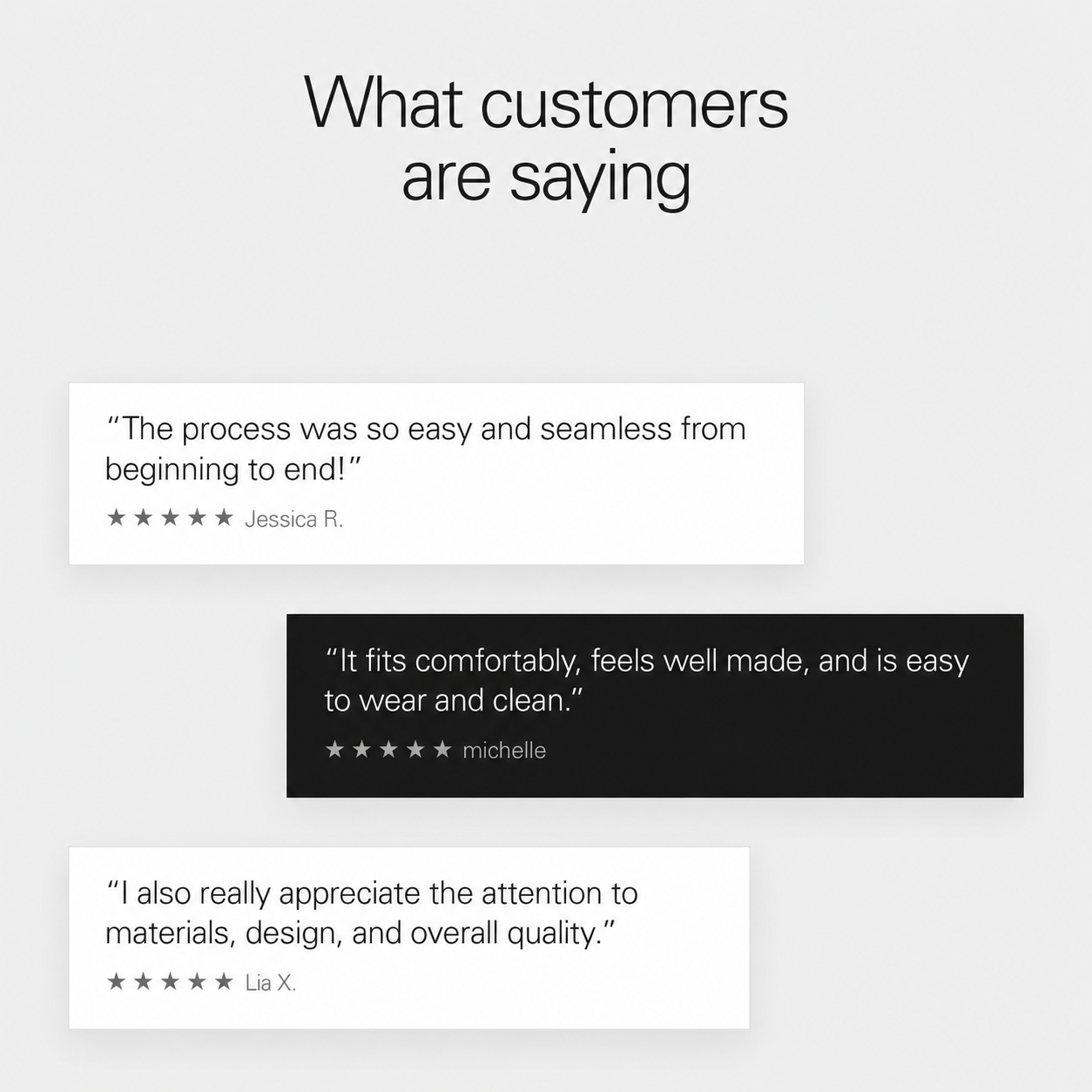 Customer reviews: Jessica R. on the easy process, michelle on comfort and cleaning, and Lia X. on materials and quality