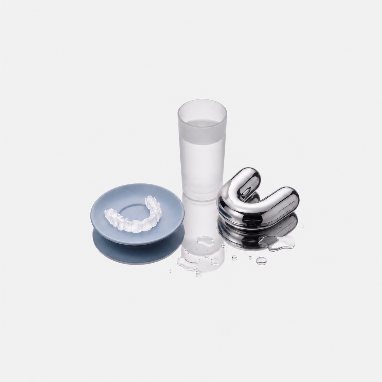 The clear Unplastic Retainer on a blue saucer beside a glass of water and an open stainless steel travel case